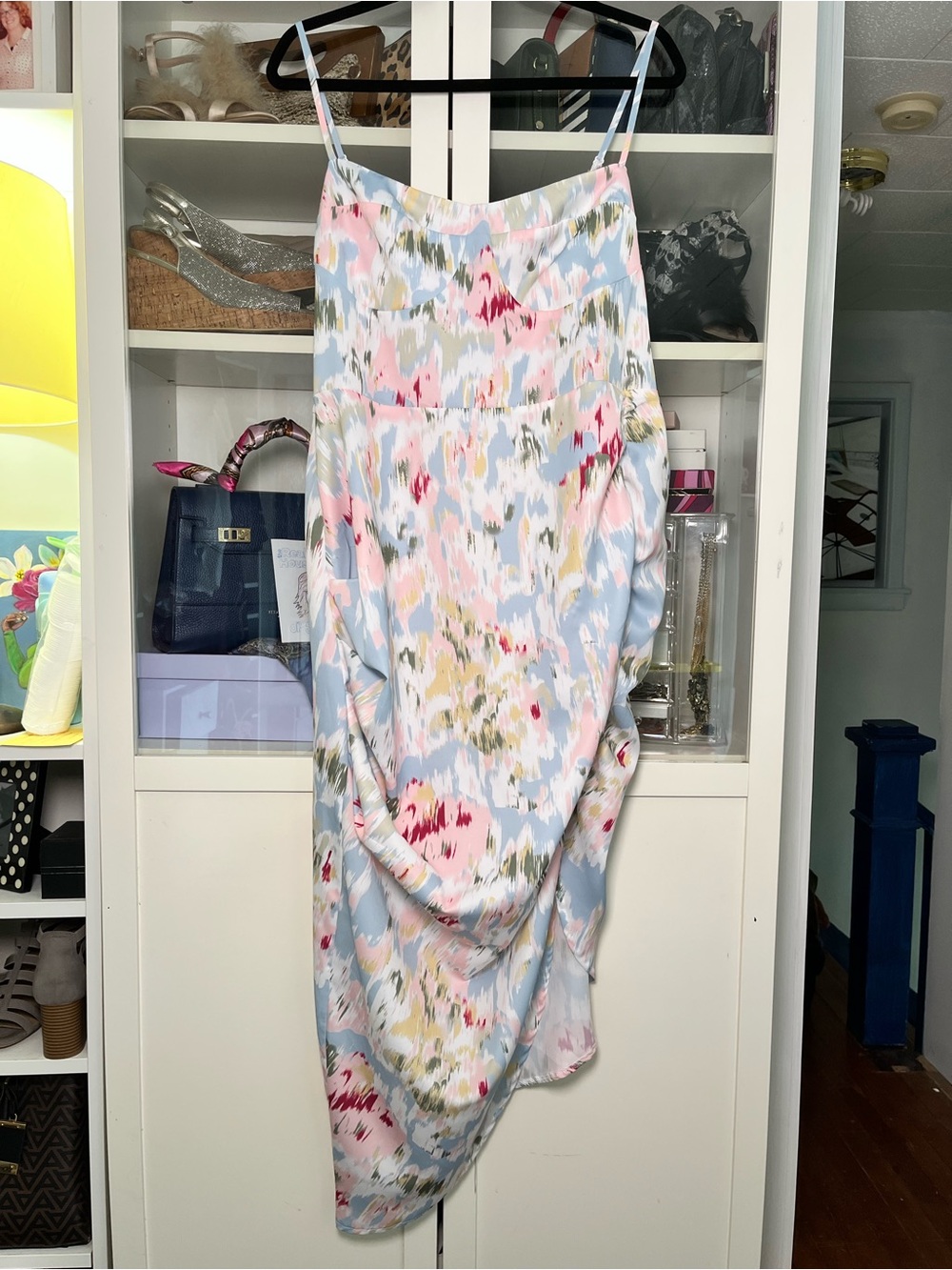 Cider Light Blue Abstract Asymmetrical slit Dress with Pink and Green accents